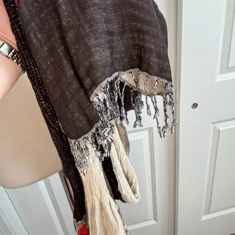 Embroidered Floral Smocked Pashmina Shawl Wrap Scarf Boho Fringe Reversible